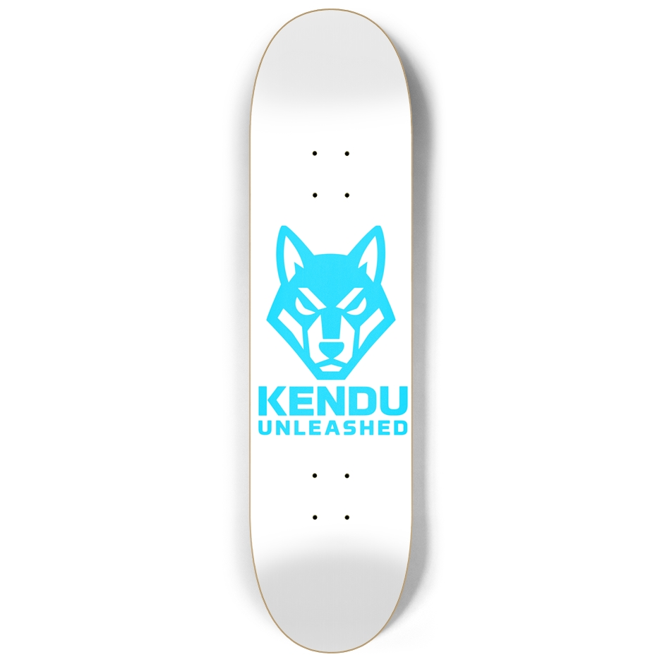 Kendu Unleashed Skateboard Deck (White w/ light blue logo)